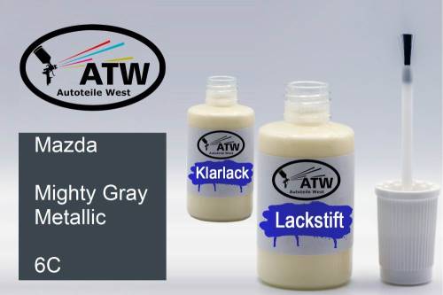 Mazda, Mighty Gray Metallic, 6C: 20ml Lackstift + 20ml Klarlack - Set, von ATW Autoteile West.